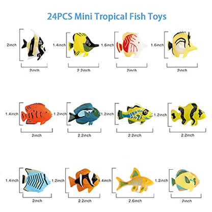 RCOMG 24PCS Tropical Fish Toys, Plastic Sea Creatures Figurines Set, Educational Learning Ocean Animal Figures, Party Favor Miniature Toys Gifts for Boys Girls Kids