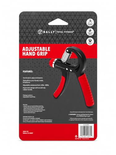 Bally - Adjustable Hand Grip Strengthener, 22-88 lbs Resistance Hand Gripper for Forearm Wrist Finger Training, Anti Slip Ergonomic Handle Grip Trainer for Home Gym Fitness (Black/Red)