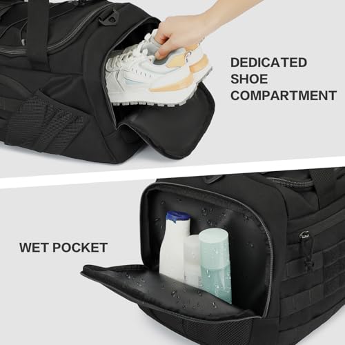 3-in-1 Tactical Gym & Travel Duffle Bag Backpack Men Multi-Functional 45L Military Sports Duffle Bag with Shoe Compartment & Wet Pocket for Workout Weekender Overnight Bag with Molle Webbing, Black - color: Black