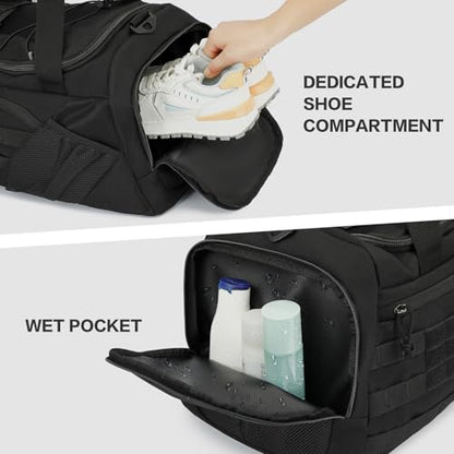 3-in-1 Tactical Gym & Travel Duffle Bag Backpack Men Multi-Functional 45L Military Sports Duffle Bag with Shoe Compartment & Wet Pocket for Workout Weekender Overnight Bag with Molle Webbing, Black - color: Black