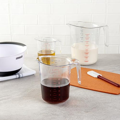 Restaurantware RW Base 2 Quart Measuring Jar 1 Durable Measuring Beaker - Metric And Imperial Units V-Shaped Spout Clear Plastic Measuring Cup Handle With Thumb-Grip Tolerates Up To 248F - color: Clear, size: 7.75" × 6.00" × 7.50"