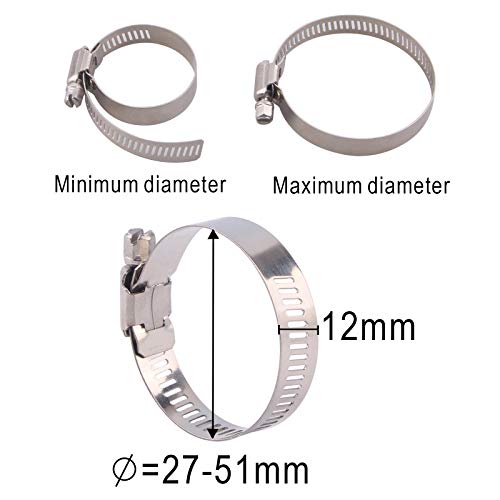 DERNORD 20 Pack Hose Clamps 304 Stainless Steel Adjustable Pipe Tube Clamps, Worm Gear Hose Clamps for Plumbing, Automotive And Mechanical Applications (27-51mm)