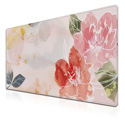 Gaming Mousepad Pink Cute Desk Mat Large Mouse Pads Large Mouse Pad for Woman Keyboard Mouse Pad The Desk Pad Non-Slip Rubber Base 35.4" X 15.7" for Game Office, Floral Watercolor Art - color: Floral Watercolor Art