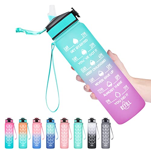 Hyeta Water Bottle with Straw & Time Marker, Plastic 32oz Leakproof - color: Green-Purple