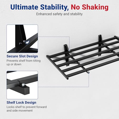 FLEXIMOUNTS 2-Pack 2x4ft Garage Wall Shelving, 8 Hooks, Heavy Duty, Black | Heavy Duty Garage Shelving Wall Mounted, 400lbs Capacity, Storage for Power Tools, Garden Supplies, Storage Bins, Lite Series - size: 2 pack-2x4 ft