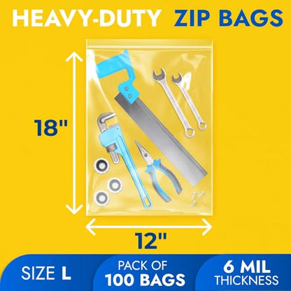 12" x 18" Reclosable Plastic Zip Bags, Pack of 100, 6 Mil Heavy-Duty Clear Poly Bags, Resealable for Food, Clothes, Hardware, Jewelry - size: 12"W x 18"H