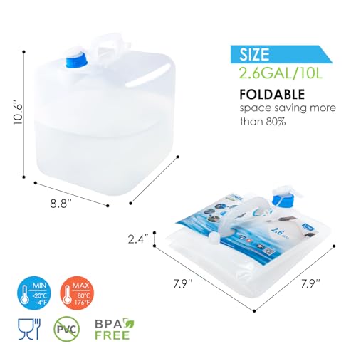 Collapsible Water Container with Spigot, 2×2.6 Gallon BPA Free Camping Water Storage Jug Carrier for Outdoors Hiking Backpack RV&Emergency, Survival Water Canteen-Portable Foldable Transparent