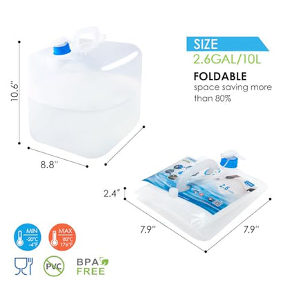 Collapsible Water Container with Spigot, 2×2.6 Gallon BPA Free Camping Water Storage Jug Carrier for Outdoors Hiking Backpack RV&Emergency, Survival Water Canteen-Portable Foldable Transparent