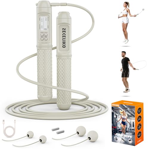 Cordless Weighted Jump Ropes for Home Gym and HIIT Workouts | Jump Rope with LED Display and Jump Counter, Adjustable Steel Wire for Fitness, Tracks Jumps, Calories & Time, for Men, Women - color: Light White