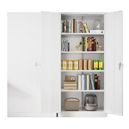 Metal Lockable Storage Cabinet, 72” Tall Storage Cabinet with 2 Doors and 4 Adjustable Shelves for Office, Home, Garage, Pantry (Assembly Required, 18”D, White) - color: White, size: Large 72"