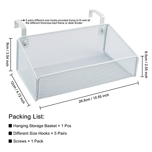 Bedside Shelf for Bed & Bunk Bed Storage Basket Office Cubical Wall Hanging Organizer - 5 Different Size Hooks - College Dorm Home Office Essentials for Phone,Book,Drink,Tissue (White)