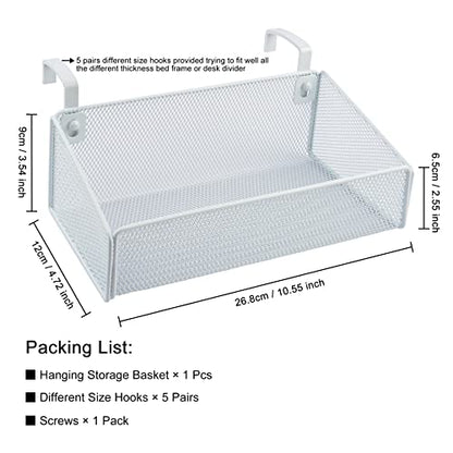 Bedside Shelf for Bed & Bunk Bed Storage Basket Office Cubical Wall Hanging Organizer - 5 Different Size Hooks - College Dorm Home Office Essentials for Phone,Book,Drink,Tissue (White)
