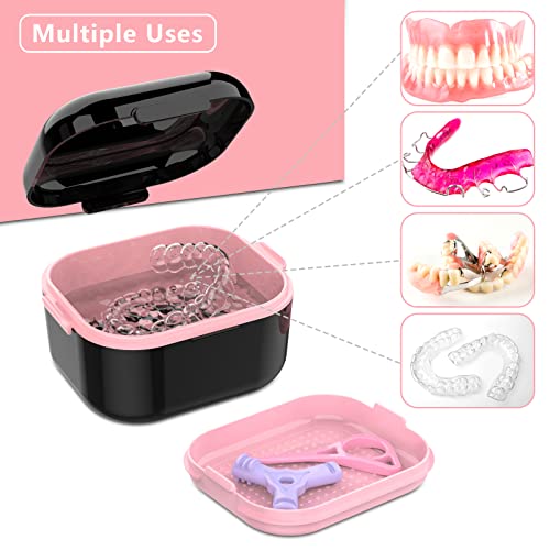 Denture Case with Mirror, Leakproof Retainer Box with Strainer Basket - color: Black Pink