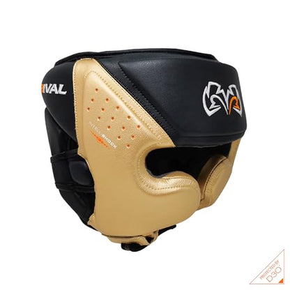 RIVAL Boxing RHG10 Intelli-Shock Headgear, D3O Front and Side Padding, Hook and Loop Back Adjustment with Lace on Top, and Anatomical Rear Head Pad Every Time - color: Black/Gold, size: Medium