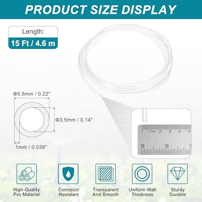 uxcell 1/8 Inch Clear PVC Tubing, 3.5mm ID x 5.5mm OD - 15ft PVC Tube Lightweight Vinyl Hose, Transparent Flexible Plastic Water Tubing for Air Oil Water Transfer Aquarium Irrigation - size: 3.5mm ID x 5.5mm OD