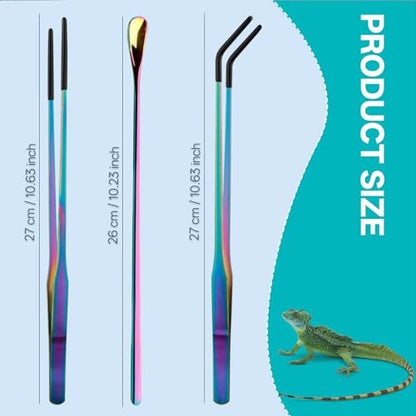 10.6" Colorful Reptile Feeding Tongs Set with Spoon(3 Pack) | Terrarium & Aquarium Essential Feeding Tools,Appropriate Length,Stainless Steel,Straight & Curved,Soft Rubber Tips