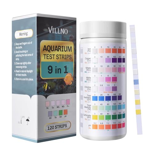 9 in 1 Aquarium Test Strips, 120 Count Fish Tank Water Testing Kit for Freshwater Saltwater Pond, Testing: Fe, Cu, Nitrate, Nitrite, Chlorine, GH, Alkalinity, Carbonate, PH