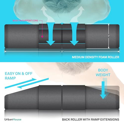 UrbanHouse 22-Inch Neoprene Foam Back Roller with Build-in Ramp Extension for Entry Level - Gentle Medium Soft Density for Senior, Beginniners & Physical Theropy - Yoga, Pilates, Pain Relief
