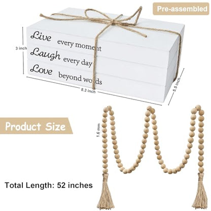 Decorative Books for Home Decor, White Faux Books for Decoration, Rustic Farmhouse Stacked Display Books with 52in Wood Bead Garland for Coffee Tables Living Room, (Live Laugh Love) - style: Live Laugh Love