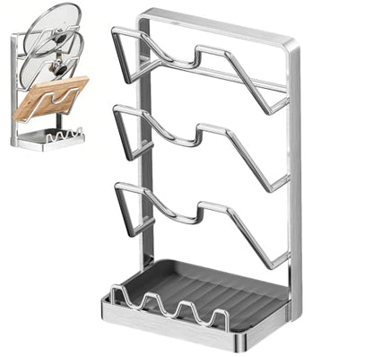 3-Tier Stainless Steel Pot Lid Holder, Extra Wide U-Shaped Kitchen Organizer Rack with Removable Drip Tray, No Plastic Silver(Fits Lids Up to 12 Inches) (Silver) - color: Silver