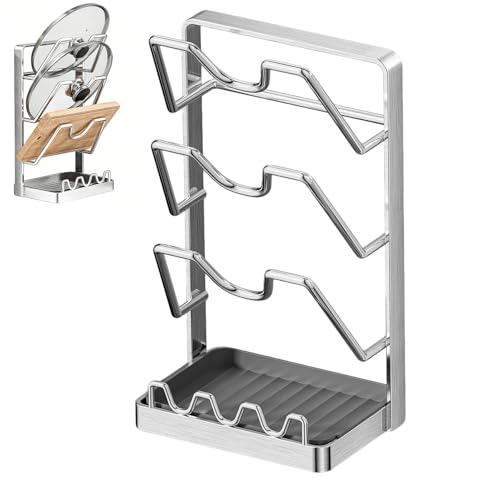 3-Tier Stainless Steel Pot Lid Holder, Extra Wide U-Shaped Kitchen Organizer Rack with Removable Drip Tray, No Plastic Silver(Fits Lids Up to 12 Inches) (Silver) - color: Silver