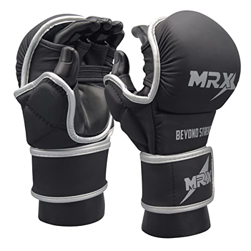 MRX MMA Professional Protective Grappling Gloves 7oz Muay Thai Training Kickboxing Punching Sparring Sports Cage Fighting Combat Glove Boxing Punching Glove Mitts - color: Black Silver, size: Large-X-Large