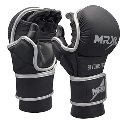 MRX MMA Professional Protective Grappling Gloves 7oz Muay Thai Training Kickboxing Punching Sparring Sports Cage Fighting Combat Glove Boxing Punching Glove Mitts - color: Black Silver, size: Large-X-Large