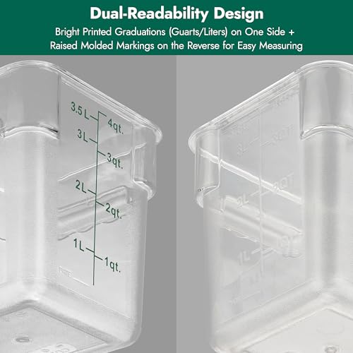 4 Pack Food Storage Container with Green Lid - NSF Commercial Grade in 4.0 Qt - Square, Clear, Polycarbonate