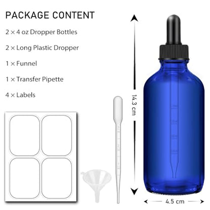 Dropper Bottles, 4oz Blue Bottle with Dropper for Essential Oils with Funnel, Labels & Pipette, 2-Pack Tincture Bottles with Dropper(Unbreakable Plastic Eye Dropper) - color: Blue