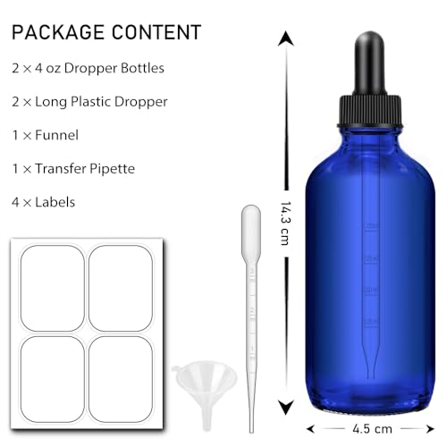 2 Pack Amber and Blue Dropper Bottles, 4oz Glass Bottle with Dropper for Essential Oils with Funnel, Labels & Pipette, Tincture Bottles with Dropper(Unbreakable Plastic Eye Dropper) - color: Amber and Blue