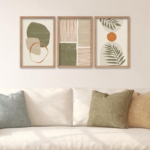 SRSZHIYUE Large Green Abstract Boho Plant Wall Art Neutral Bohemian Set of 3 Wood Framed 16x11 Inch for Living Room Bedroom Wall Decor Hanging (Wood)