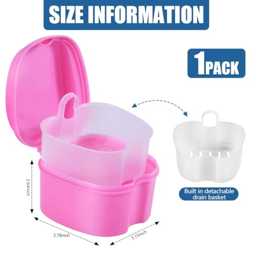KISEER Pink Denture Bath Case Cup Box Holder Storage Soak Container with Strainer Basket for Travel Cleaning - color: Pink