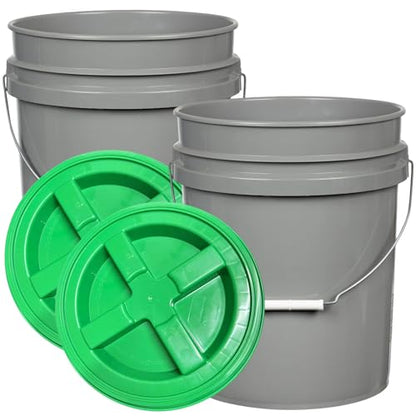 5 Gallon Food Grade BPA Free Made in USA Pails Gray Bucket with Screw On Air Tight Lid (2, Gray with Green lids)