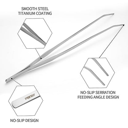 Aquarium Tweezers Extra Long 15 inches Feed Tong clamps - FEITA Straight and Curved Stainless Steel 38cm Tweezers Set for Fish Tank Plants Aquascape Tools & Reptile Feeding Tongs - Sliver 2Pcs