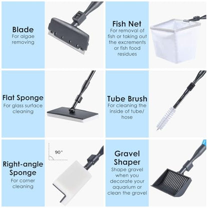 AquaMiracle 6 in 1 Aquarium Cleaning Tool Kit Fish Tank Cleaning Kit for 20-160 Gallon Tank with Telescopic Long Handle, Algae Scraper, Scrubber Pads, Tube Cleaner, Fish net, Gravel Rake