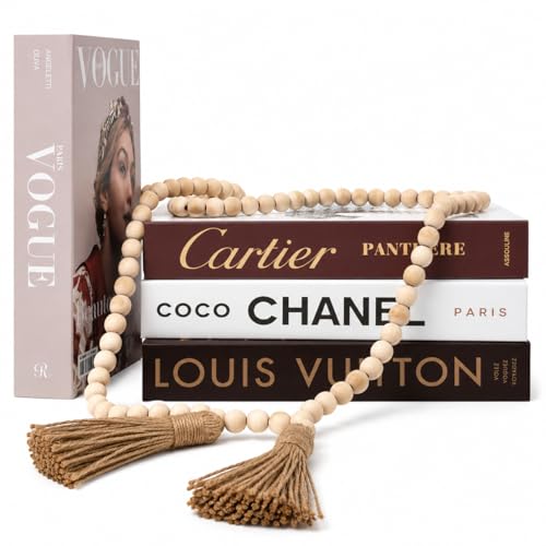 Modern Farmhouse Coffee Table Decor Set | 4 Faux Decorative Books + 58" Wood Bead Garland with Tassels | Styling Bundle for Living Room, Shelf, Tray, Housewarming Gift