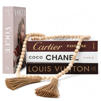 Modern Farmhouse Coffee Table Decor Set | 4 Faux Decorative Books + 58" Wood Bead Garland with Tassels | Styling Bundle for Living Room, Shelf, Tray, Housewarming Gift