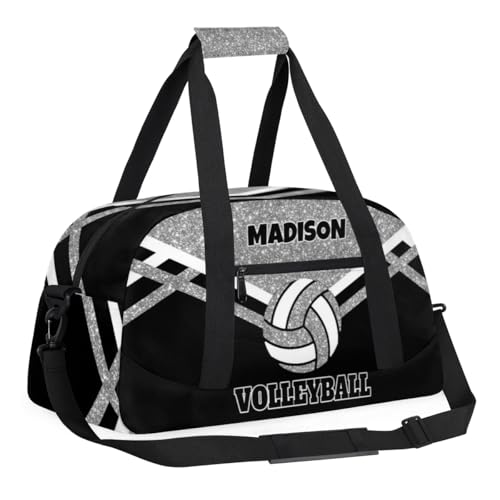 Custom Name Sports Volleyball Duffel Bag, Silver Black Glitters | Personalized Sport Gym Duffel Cheerleading Bag Travel Weekender Tote Carry-On Bag - color: Silver Black