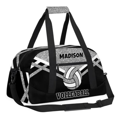 Custom Name Sports Volleyball Duffel Bag, Silver Black Glitters | Personalized Sport Gym Duffel Cheerleading Bag Travel Weekender Tote Carry-On Bag - color: Silver Black