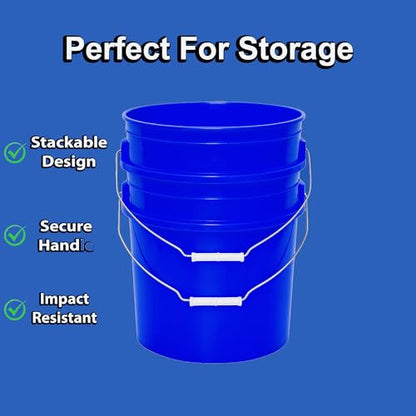 5-Gallon Bucket with Airtight Lid – Made in USA, Food Grade BPA Free Plastic, Heavy Duty Multi-Use, Metal Handle with Grip, Stackable Storage – Blue, 3 Pack