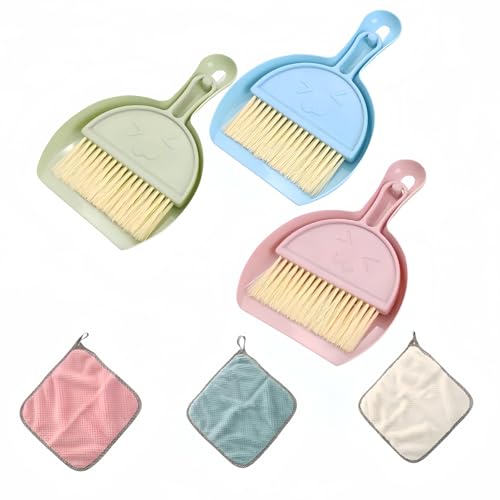 Mini Broom and Dustpan Set (3 Pieces) + Three-Color Cleaning Cloth, Suitable for Cleaning car interiors, Sofas, Kitchens, tabletops, Dining Tables and Desktop Keyboards (Pink, Blue, and Green)