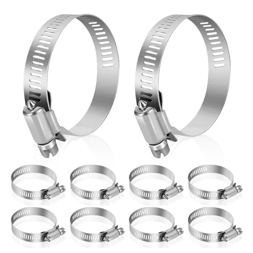 Hose Clamp, Stainless Steel Hose Clamps 2 Inch to 3 Inch, Large Adjustable Worm Gear Hose Clamps Assortment Kit Pipe Tool for Fuel Line, Plumbing, Automotive Mechanical, 10 PCS Hose Clamp Set