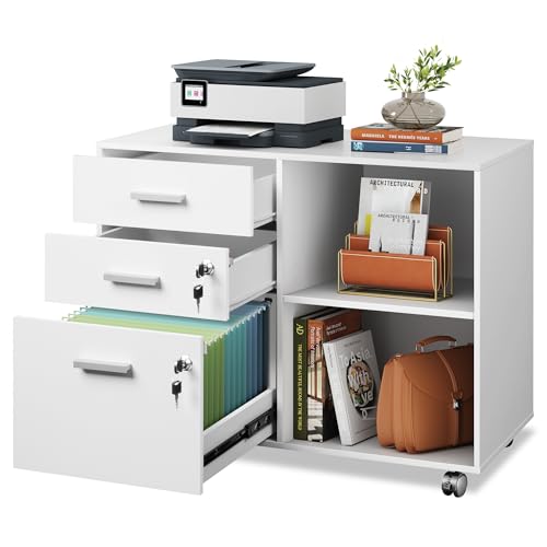 DEVAISE 3-Drawer Wood File Cabinet with Lock, Mobile Lateral Filing Cabinet, Printer Stand with Open Storage Shelves for Home Office, White - color: White