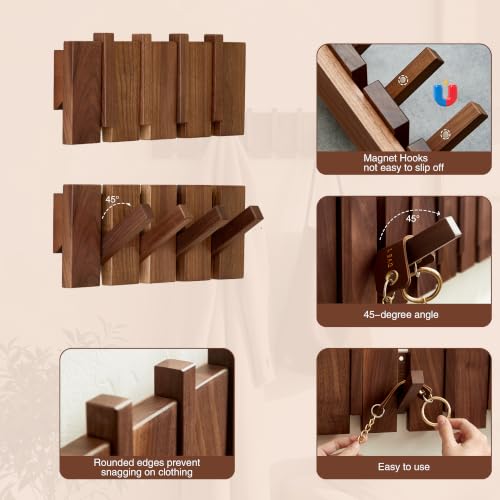 QUELLANCE Wooden Coat Hooks Wall Mounted, Coat Rack Hanger Wall Mount with 4 Hooks, Heavy Duty Coat Hooks for Hanging Coats/Keys/Hats/Robe&Towels/Plants/Bags, Home Decor Gift, Walnut - size: 4 Hooks