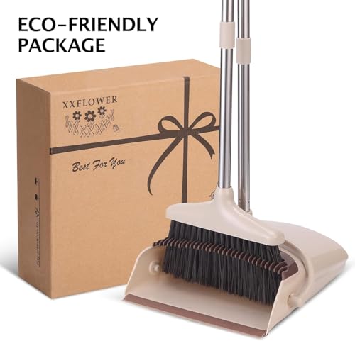 Broom and Dustpan Set with Long Handle, Light Weight Stainless Steel Poles Stand Upright Dustpans with Broom Combo for Home Kitchen Office Pet Dog Hair, Brown & Beige Color, 1-Pack - color: Beige