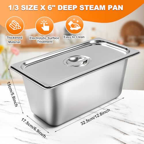 8 Pack Stainless Steam Hotel pan 1/3 Size x 6 inch Deep Table Pan with Lid Food Storage Containers Anti Steam Pan Restaurant Anti Clogging Steamer 12.8 x 6.9 x 5.9 inch for Party, Restaurant, Hotel