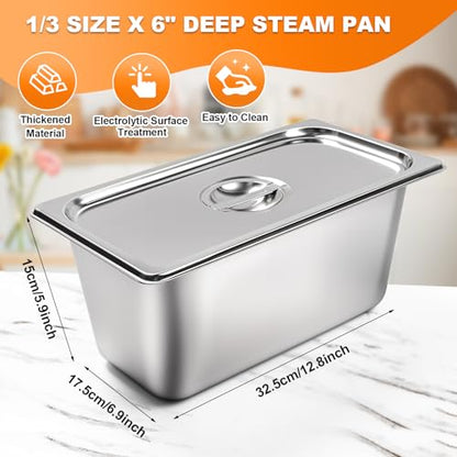 8 Pack Stainless Steam Hotel pan 1/3 Size x 6 inch Deep Table Pan with Lid Food Storage Containers Anti Steam Pan Restaurant Anti Clogging Steamer 12.8 x 6.9 x 5.9 inch for Party, Restaurant, Hotel