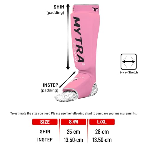 Mytra Fusion Shin Pads Instep Protector Kick Boxing Muay Thai Training Elasticated shin Guards - color: Pink, size: Small-Medium