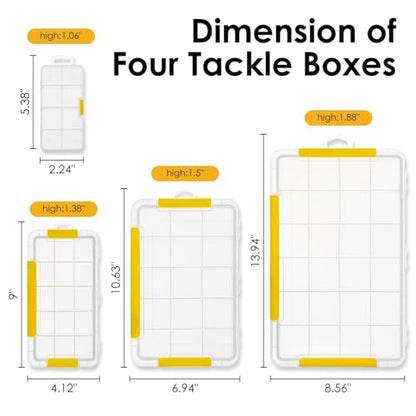 DOWELL Tackle Boxes, Plastic Tackle Storage Box Set, 4 Assorted Sizes with Removable Dividers, Fishing Tackle & Parts Organizer (4 Packs Trays)