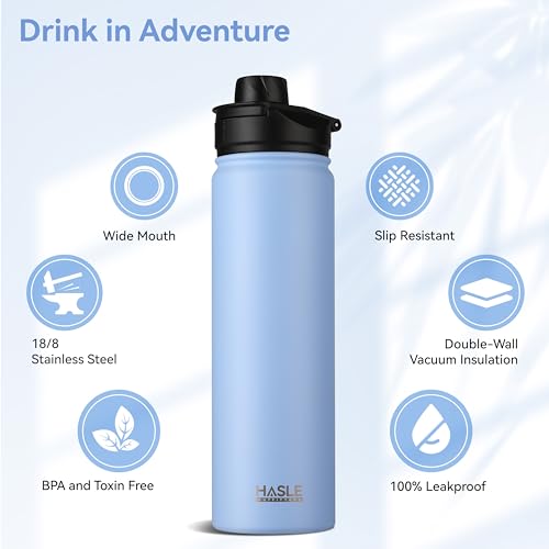 HASLE OUTFITTERS Insulated Water Bottle 22 oz Double Wall Stainless Steel Water Bottle Wide Mouth with Straw Lid & Spout Lid Keeps Cold or Hot(Blue,4) - color: Blue, size: 22oz- 4 Pack